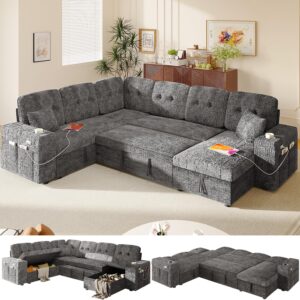 Modular Sectional Sleeper Sofa with Pull Out Bed, U Shaped 7 Seat Sectional Couches for Living Room, 108 Inch Sofa Bed with Adjustable Backrest | Hidden Storage | Wide Armrest | Grey