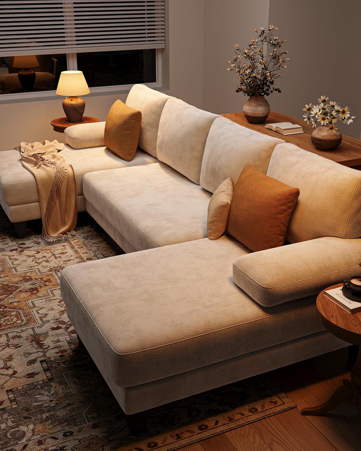 U-Shaped Sectional Couches for Living Room | 112 Inch Modern Sectional Couch | Warm White Chenille Sofa with Double Chaise for Apartment - Image 4