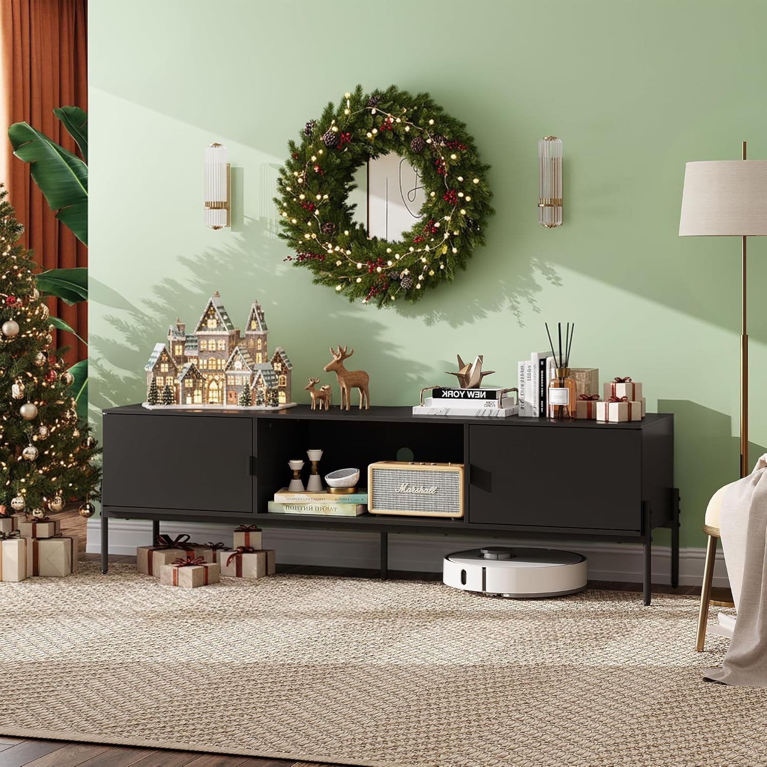 WLIVE TV Stand for 65 Inch TV, Mid Century Modern Entainment Center with 2 Storage Cabinets & Open Shelf, TV Console Table Media with Metal Legs for Living Room, Bedroom, Black - Image 2