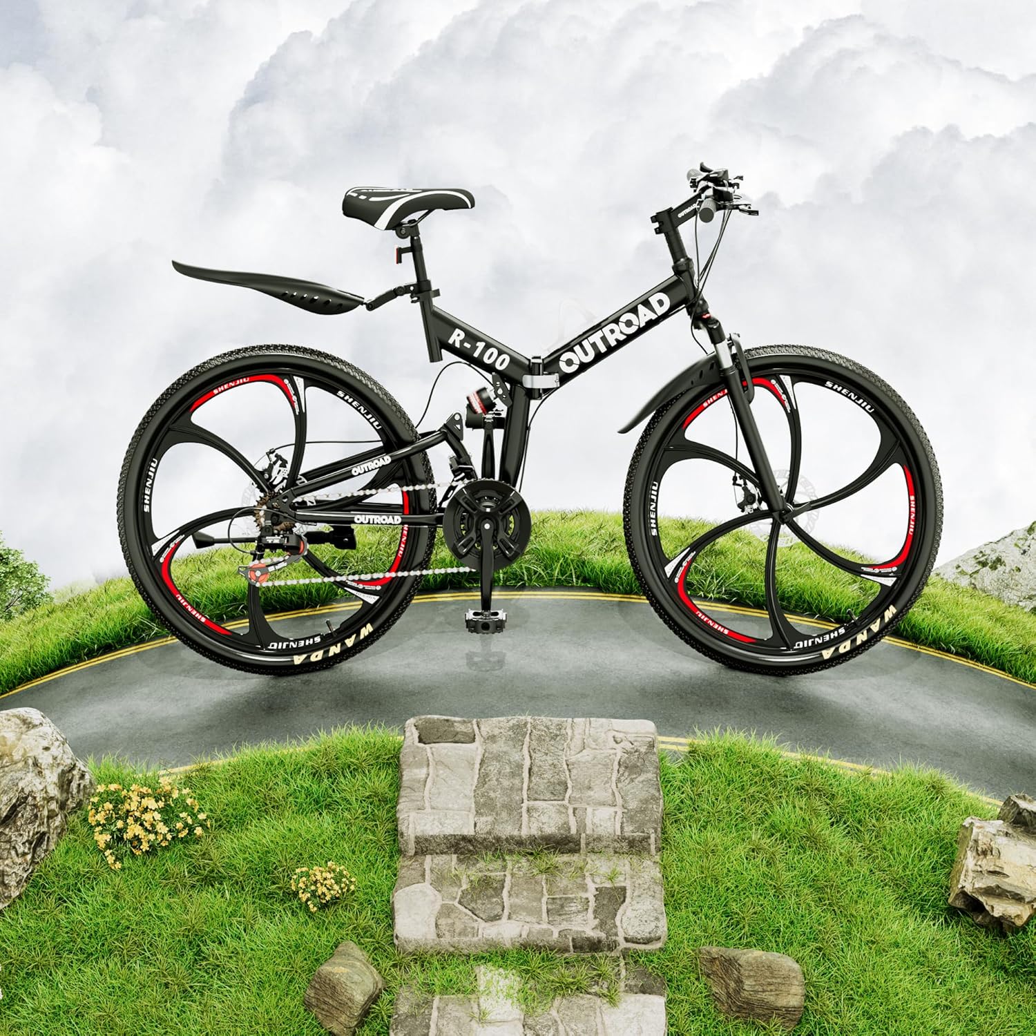 26 Inch Adult Folding Bikes, Mountain Bicycles with Full Suspension, Dual Disc Brake, High Carbon Steel Frame, Foldable Bike for Men/Women/Teen, Black - Image 9