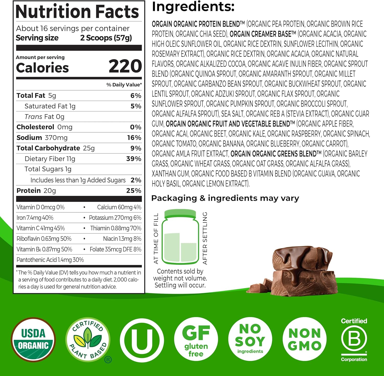 Orgain Organic Vegan Meal Replacement Protein Powder, Creamy Chocolate Fudge - 20g Plant Based Protein, Gluten Free, Dairy Free, Lactose Free, Soy Free, No Sugar Added, For Smoothies & Shakes - 2.03lb - Image 2