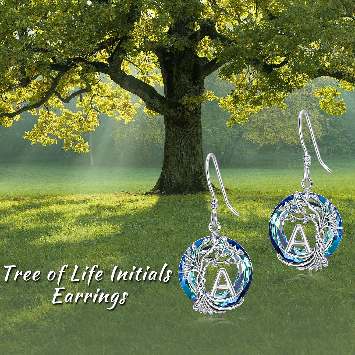 TOUPOP Tree of Life Initial Earrings 925 Sterling Silver A-Z Letter Drop Dangle Earrings Blue Circle Crystal Jewelry Birthday Christmas Gifts for Women Her Girlfriend Mom - Image 2