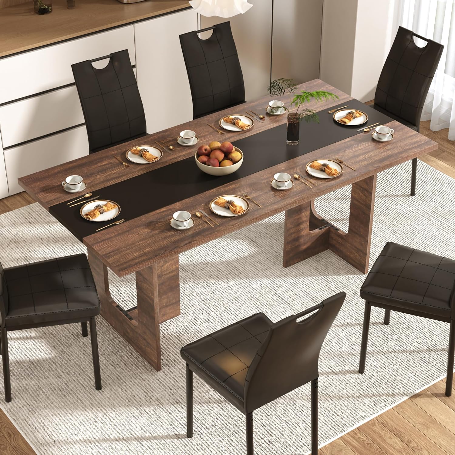 St.Mandyu 7 Pieces Dining Table & Chairs Set for 4-8 People, 71 Inch Kitchen Table with 6 Chairs, Rectangle Dining Table with Wooden Legs for Dining Room, Living Room, Brown - Image 3