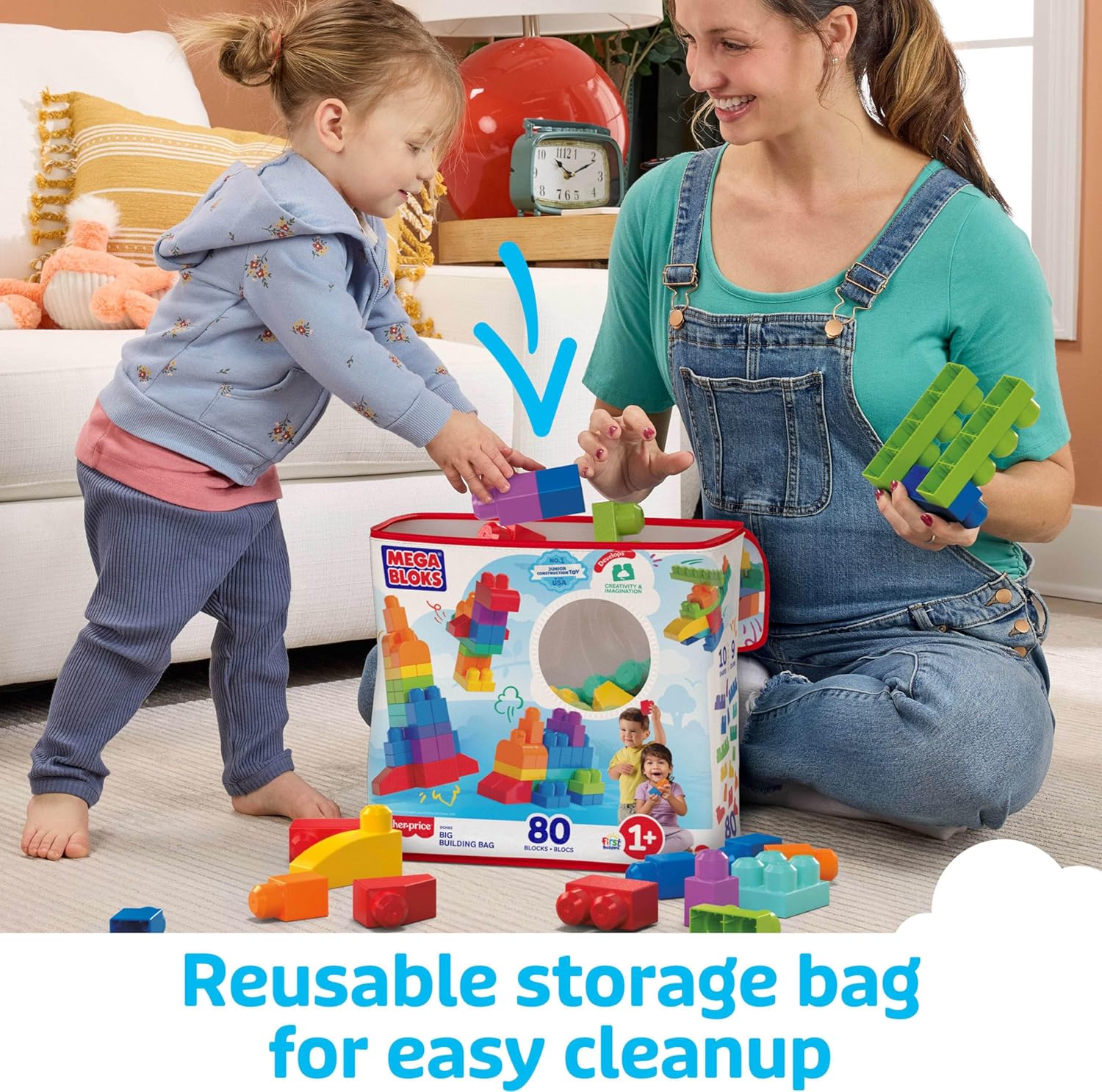 MEGA BLOKS First Builders Toddler Blocks Toys Set, Big Building Bag with 80 Pieces and Storage, Blue, Ages 1+ Years - Image 6