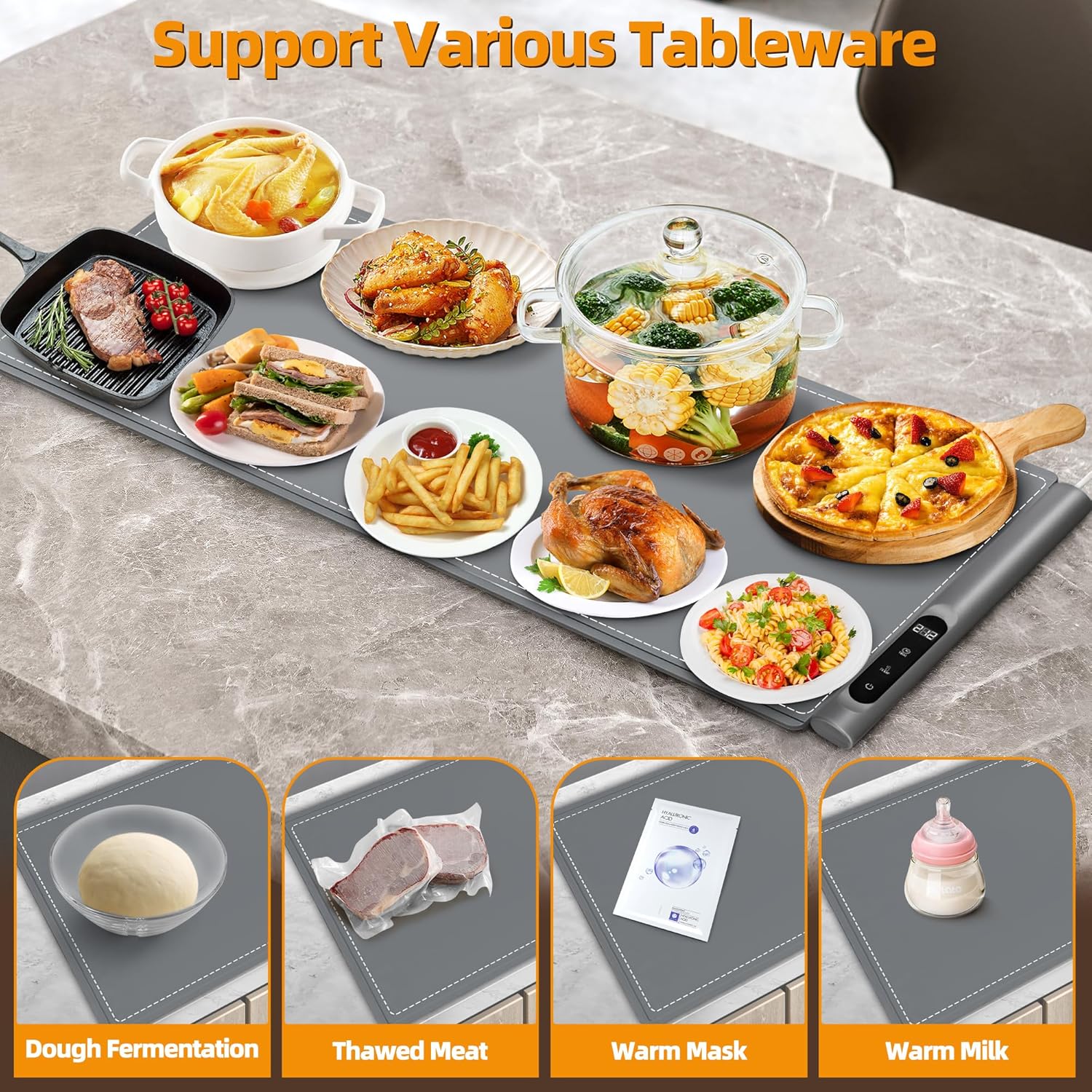 Graphene Warming Mat for Food - Fast Full Surface Heating, Extra Large (XXL 36”x 16") Electric Warming Trays for Buffets Party Countertop with 6 Temp & Timer Settings, Gifts for Mom Wife, Gray - Image 5