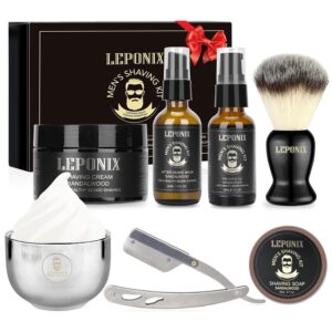 Mens Shaving Kit, Include Straight Razor, Sandalwood Shaving Soap & Cream, After Shave Balm, Pre-Shave Oil, Brush & Bowl – Christmas Gifts for Men Him Secret Santa Gift Set Stocking Stuffers