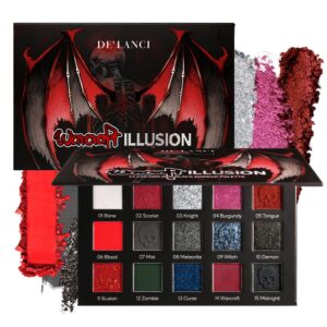 DE’LANCI Red Black Goth Eyeshadow Palette, Red Eyeshadow Goth Makeup Palette, Gray Silver Shimmer Glitter Eye shadow Pallet, Burgundy Eye Shadow for Vampire Clown Halloween Makeup,High Pigment,Vegan