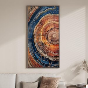 Framed Vertical Colorful Tree Ring Living Room Wall Art, Large Vintage Farmhouse Wood Stump Canvas Artwork for Walls, Rustic Nature Tree Ring Painting Print for Office Kitchen Foyer Stair Wall Decor, 20×40 Inch