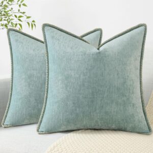 decorUhome Spring Chenille Soft Cozy Throw Pillow Covers 20×20 Set of 2, Modern Farmhouse Boho Velvet Decorative Pillow Cases with Stitched Edge for Couch Sofa Bed Home Decor, Aqua Haze