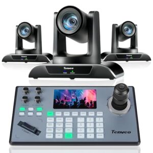Tenveo PTZ Camera and Controller Bundle/Kits – 20X AI Humanoid & Face Auto-Tracking PTZ Camera(3pcs) with HDMI/USB3.0/LAN(PoE) and NDI PTZ Joystick Controller for Church Worship Services Streaming