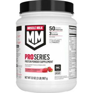 Muscle Milk Pro Series Protein Powder Supplement, Slammin’ Strawberry, 2 Pound, 11 Servings, 50g Protein, 3g Sugar, 20 Vitamins & Minerals, NSF Certified for Sport, Packaging May Vary