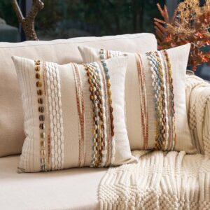 Aeckself Boho Throw Pillow Covers 18×18 Inch Set of 2, Farmhouse Decorative Striped Square Pillow Covers Chenille Tufted Pillow Cases Accent Neutral Pillowcase for Living Room Couch Bed, Orange White