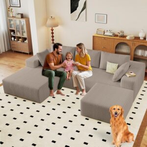 96″ Modular Sectional Sofa with Ottoman, Modern Corduroy Cloud Couch with Deep Seat, Boneless Couch Upholstered 3-Seater U-Shaped Sofa for Living Room, No Assembly (Camel, Left-Facing Chaise)