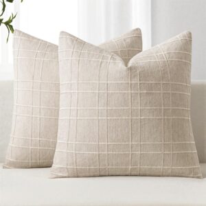 MIULEE Decorative Linen Check Throw Pillow Covers Neutral Farmhouse Vintage Pillow Covers 20×20 Set of 2 Boho Modern Home Decor for Sofa Couch Bedroom Cushion Natural Beige