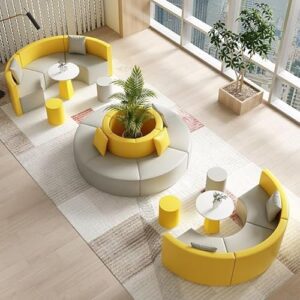 Contemporary Office Reception Furniture Set – Leather Curved Sofa with Matching Round Coffee Table for Creative Lounge and Waiting Room E