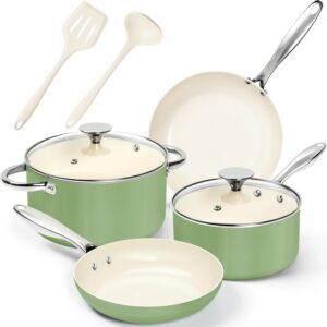 MICHELANGELO Pots and Pans Set Non Stick – Titanium Cookware Set Non Toxic Ceramic Coating, 8-Pcs Nonstick Pots and Pans with Ergonomic Handle, Dishwasher Safe & Induction Compatible, Green