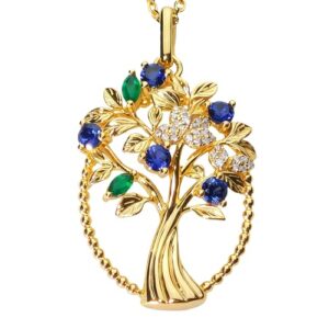 StiloVero Tree of Life Necklace for Women, Family Tree of Life Pendant with Lab-Grown Sapphire, Green Agate & Moissanite, 18K Gold Plated S925 Sterling Silver, Birthday Anniversary Jewelry Gift for Mom Wife Daughter