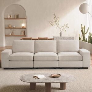 TEKAMON 100″ Modular Sofa with Seats Storage, Comfy 3-Seater Chenille Fabric Couch for Living Room, Office, Apart W/Deep Seat, Wide Arms, Side Pockets, USB, Removable Covers, Upholstered Couch/Beige