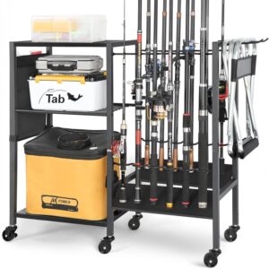 Olakee Fishing Rod Holders, Rolling Fishing Rod Rack for Garage & Boat, Tackle Box & Reel Holder Cart, Easy Assembly Fishing Gear Management System, Ideal Birthday Gift for Men Dad Anglers