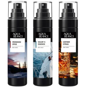 Body Spray for Men, Mens Body Refreshing Spray, Long Lasting, Pack of 3, Each 3.4 Fl Oz, Total 10.2 Fl Oz, Ironwood Spice, Sailor’ s Essence, Leather Citrus