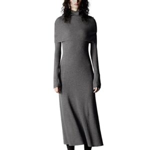 URBAN REVIVO Women’s Fall Long Sleeve Knit Dress, Relaxed Fit Crew Neck Sweater Dress for Casual & Holiday Wear, Cozy Winter Dress, SmallGrey