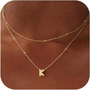 Valentines Day Gifts for Her – Bubble Letter Necklace Layered 14K Gold Plated Initial Necklaces for Women Dainty Cute Choker Pendant Stack Jewelry Fashion Accessories Teen Gift Trendy Stuff