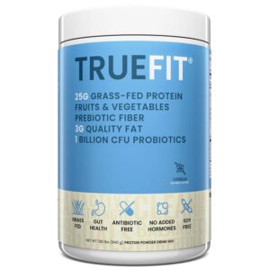 TrueFit High Fiber Protein Powder, Grass-Fed Whey Meal Replacement Shake with Prebiotics, Probiotics, & Organic Superfoods, Keto Friendly, Gluten Free