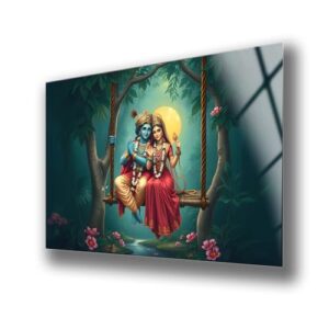 Radha Krishna Wall Art Glass Print – Hindu God Love Couple Swing Painting – Spiritual Indian Mythology Home Decor for Living Room Bedroom – Spiritual Gift (31.4″ x 47.2″ İnches)