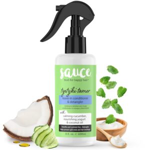 SAUCE BEAUTY Leave In Conditioner & Detangler Spray (8 Fl Oz) Tzatziki Leave In Conditioner for Curly, Oily & Damaged Hair, Fly Away Hair Tamer, Curl Enhancer, Detangling Spray with Coconut Oil