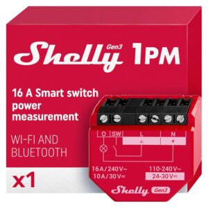 Shelly 1PM Gen3 | WiFi Smart Relay Switch with Power Metering, 1-Channel 16A | Home Automation | Compatible with Alexa & Google Home | iOS Android App | No Hub | Wireless Lighting Control