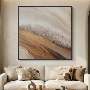 Extra Large Framed Neutral Abstract Wall Art for Living Room, Oversized Square Modern Canvas Prints Paintings, Beige and Earth Tone Pictures for Hallway Dining Bedroom Office Wall Decor 40×40 In