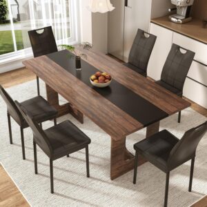 St.Mandyu 7 Pieces Dining Table & Chairs Set for 4-8 People, 71 Inch Kitchen Table with 6 Chairs, Rectangle Dining Table with Wooden Legs for Dining Room, Living Room, Brown