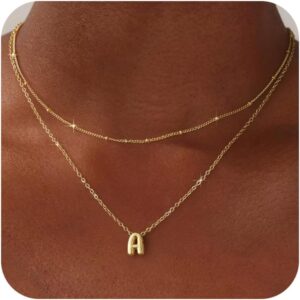 Valentines Day Gifts for Her – Bubble Letter Necklace Layered 14K Gold Plated Initial Necklaces for Women Dainty Cute Choker Pendant Stack Jewelry Fashion Accessories Teen Gift Trendy Stuff
