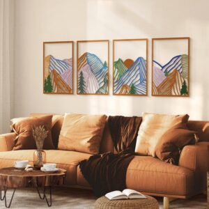 Glamativity 4 Pcs Colorful And Black Double-Sided Abstract Mountain Metal Wall Art , Mountain Line Art Décor, 3D Textured Minimalist Wall Decor, Rustic Nature Wall Décor for Living Room Bedroom Study (Mountain, M Size 17 x 12”)