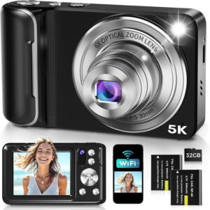 5K Digital Camera for Photography, WiFi 64MP Autofocus Dual Lens Vlogging Camera with Touch Screen, 6X Optical Zoom Compact Point and Shoot Cameras for YouTube, 32GB Card,2 Batteries,Black