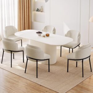 70″ Extra Large Dining & Kitchen Table Set, Solid Kitchen Table with 6 Chairs,Large Oval Dinner Table with Rounded Corners for Dining Room,Living Room Furniture,Cream White