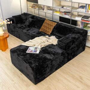 Black sectional couches for Living Room Corduroy Couch，104″ Cloud Sectional Couch with L-Shape Chaise， Modern Modular Sofa, Deep Seat Comfort, No Assembly Required(Plush Corduroy Fabric)