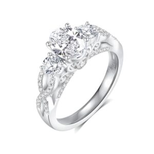 Moissanite Engagement Ring for Women 1.5CT Oval Cut 3-Stone Half Eternity Interweaving Band Vintage Floral Design 18K White Gold Plated S925 Sterling Silver Jewelry Gift(S7.5)