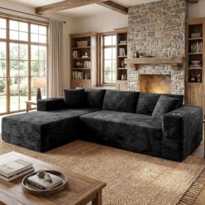Shintenchi Boneless Couches for Living Room,Modular Sectional Sofa with 2 Cup Holders,Memory Foam Cloud Couch with L Shaped Oversized Chaise,No Assembly Needed Plush Corduroy Sofa,Black