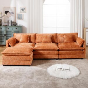 GNIXUU 112″ Orange Cloud sectional Couch, Modern Chenille L Shaped Couches for Living Room, Comfy 4 seat Modular Sofa with Moveable Ottoman & Memory Foam