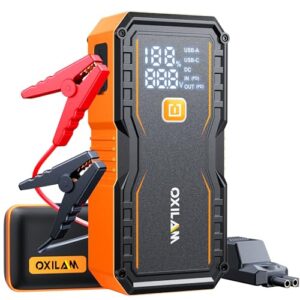 OXILAM 20000mAh Jump Starter for All Gas & Diesel Engines, 9000A Battery Jumper Starter Portable, 12V Jump Box with Quick Charger, Extended Jumper Cable, LED Display, USB, DC, Type C Port & LED Light