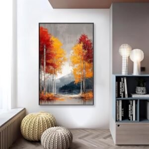 Birch Trees Canvas Wall Art, Autumn Tree Canvas Wall Art, Forest Canvas Wall Art, Woods Pictures Wall Art, Birch Tree Decor, Colorful Tree Wall Art, Framed Wall Art for Living Room (Black Framed, 39″x59″ | 100x150cm)