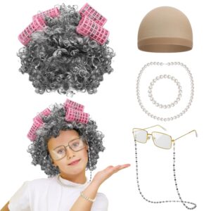 Old Lady Costume for Girls, 100 Days of School Costume for Kids, Old Lady Wig Glasses Wig Cap Necklace Bracelet Accessories