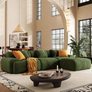 113″ Modern L-Shaped Modular Sectional Sofa for Living Room, Corduroy Upholstery Green, 3-Seater Cloud Couchand Movable Ottoman – No Assembly Green