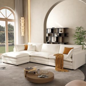 102” Modular Sectional Sofa Beige Couch Cloud Couches for Living Room, L Shaped Couch with Movable Ottoman, Modern Cloud Sectional Sofas for Bedroom and Apartment, Beige