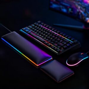 ASFSKY RGB Keyboard and Mouse Wrist Rest Set – Ergonomic Wooden Wrist Support Pad with PU Leather & Memory Foam, Anti-Slip Rubber Base Wrist Cushion for Gaming, Office & Typing Pain Relief