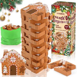 Christmas Wooden Blocks Stacking Games, Gingerbread House Theme Tumbling Tower and Balance Game for Adults, Kids, and Family Party, Stacking Board Toy with Storage Bag