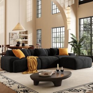 113″ Modern L-Shaped Modular Sectional Sofa for Living Room, Corduroy Upholstery Black, 3-Seater Cloud Couchand Movable Ottoman – No Assembly Black