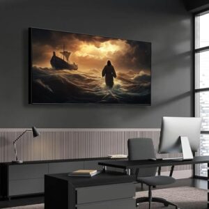 RUNBOAT Jesus Walking on Water Canvas Wall Art – Modern Christ Wall Decor for Living Room Bedroom (Black Framed, 59x33in|150x84cm)