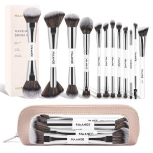 MAANGE Makeup Brush Set 23-In-12 Pcs Essential Foundation Makeup Brushes for Powder Concealers Eye Shadows Blush Make Up Brushes with Travel Makeup Case – Silver